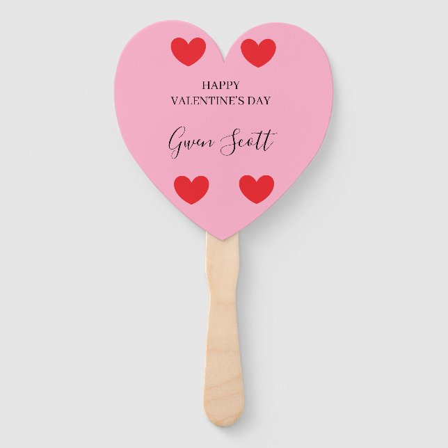 Personalised Happy Valentine's red heart pink Hand Fan (Front)