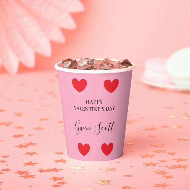 Personalised Happy Valentine's red heart pink Paper Cups (Insitu)