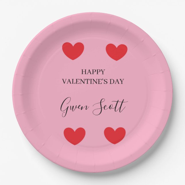 Personalised Happy Valentine's red heart pink Paper Plate (Front)
