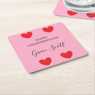 Personalised Happy Valentine's red heart pink Square Paper Coaster