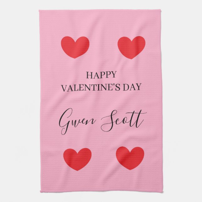 Personalised Happy Valentine's red heart pink Tea Towel (Vertical)