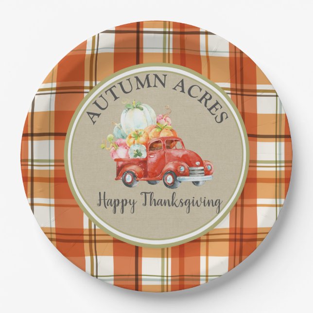 Personalised Harvest Pumpkin Truck Thanksgiving Paper Plate (Front)