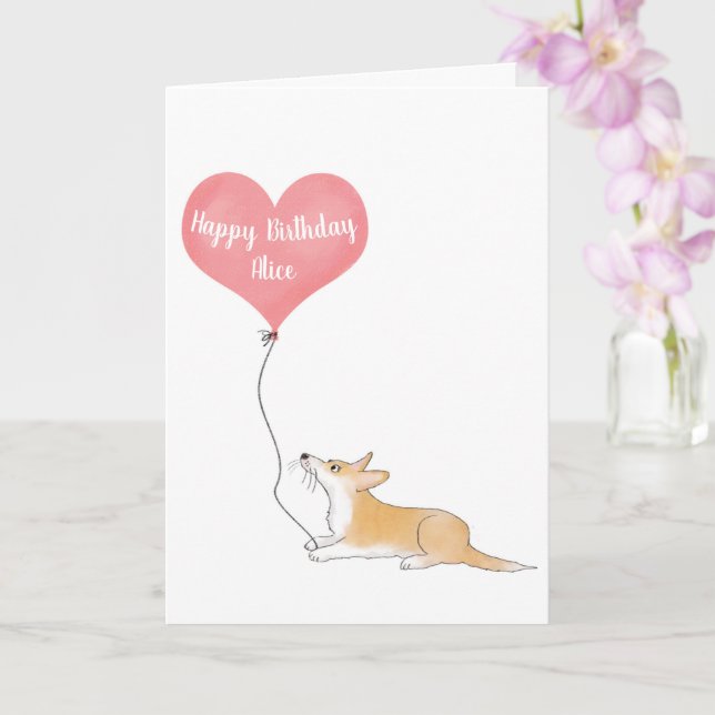 Personalised Hattie corgi & balloon birthday card (Orchid)