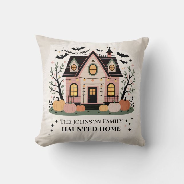 Personalised Haunted Home Halloween Spooky House Cushion (Front)