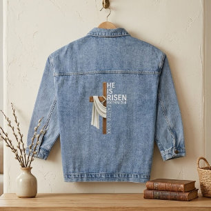 Personalised He Is Risen Vintage Easter Cross Denim Jacket