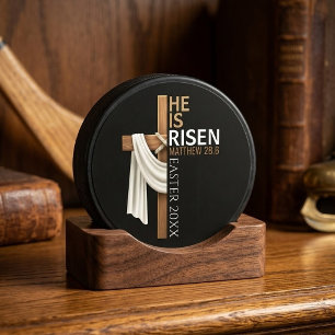 Personalised He Is Risen Vintage Easter Cross Hockey Puck