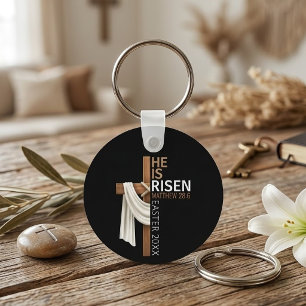 Personalised He Is Risen Vintage Easter Cross Key Ring