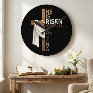 Personalised He Is Risen Vintage Easter Cross Round Clock