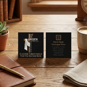 Personalised He Is Risen Vintage Easter Cross Square Business Card
