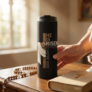 Personalised He Is Risen Vintage Easter Cross Thermal Tumbler