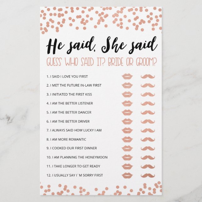 Personalised He said, She said Bridal Shower game (Front)