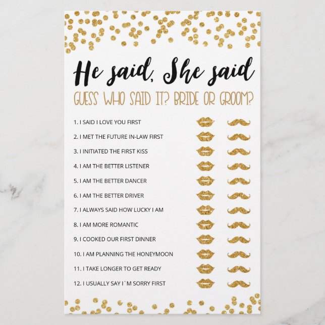 Personalised He said, She said Bridal Shower game (Front)