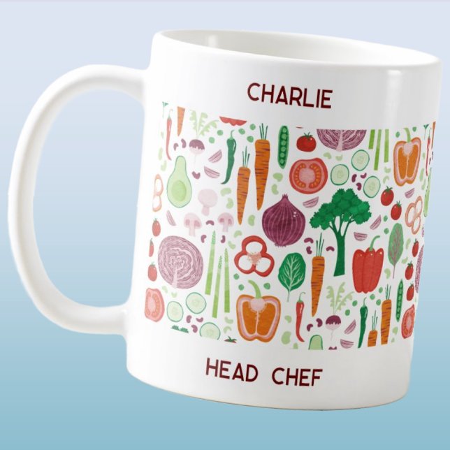 Personalised Head Chef Coffee Mug (Fun Head Chef personalized name coffee mug featuring a vegetable pattern)