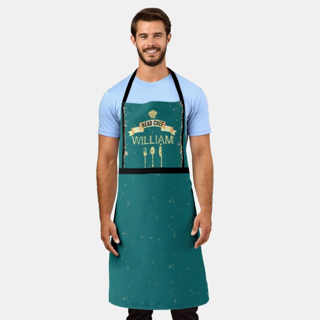 Personalised Head Chef teal cool mens kitchen Apron (Worn)