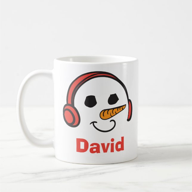 Personalised Headphones Music Snowman Coffee Mug (Left)