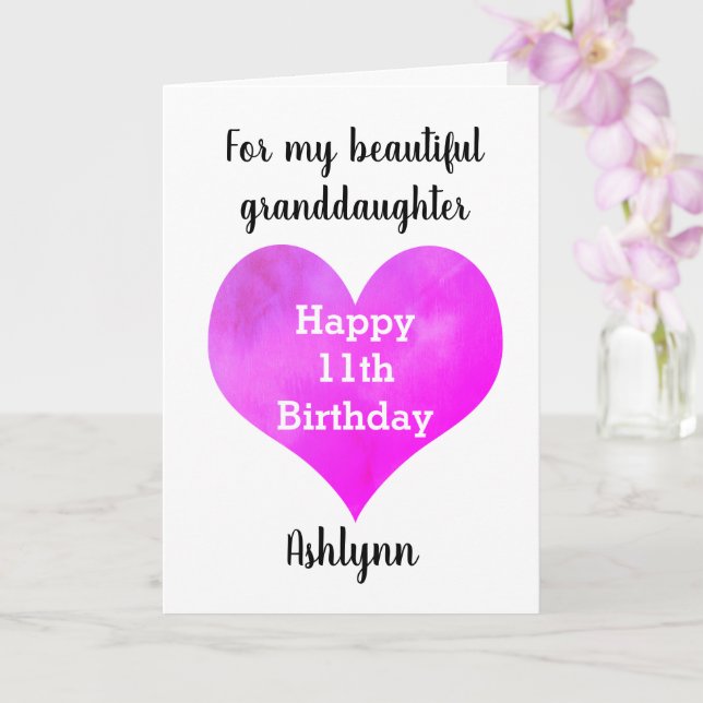 Personalised Heart 11th Birthday Granddaughter Card (Orchid)