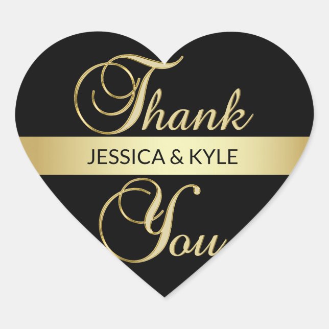 Personalised Heart Black Gold Wedding Thank You Heart Sticker (Front)