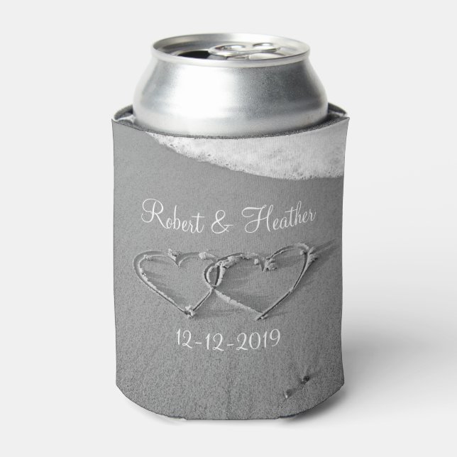 Personalised heart in sand wedding can coolers (Can Front)