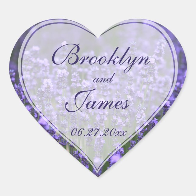 Personalised Heart Lavender Wedding Stickers (Front)