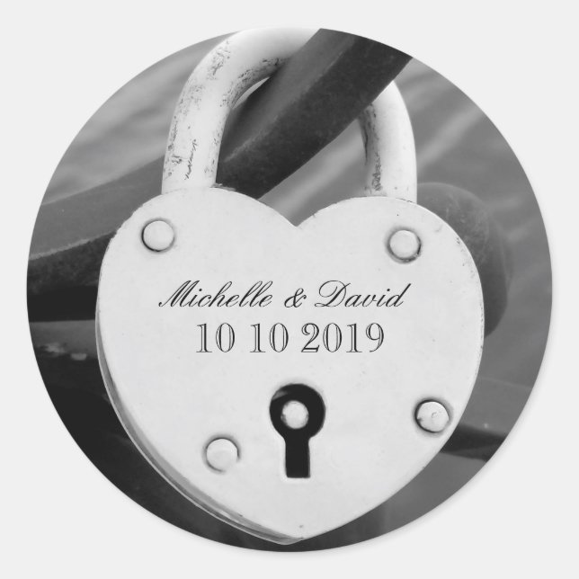 Personalised heart love lock wedding date stickers (Front)