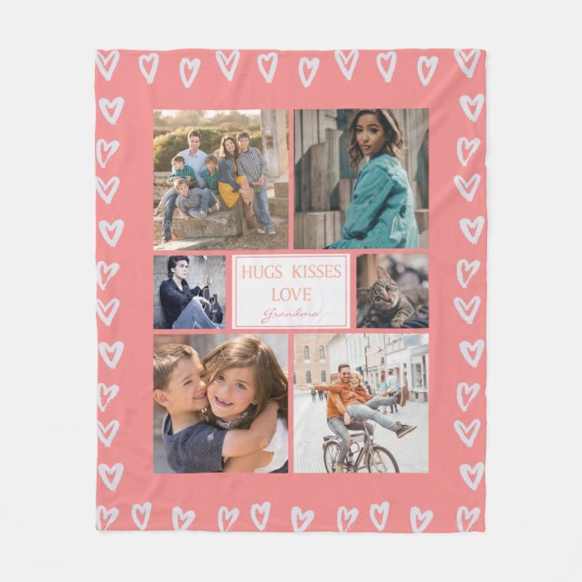 Personalised Heart Love Pink Photo Collage Grandma Fleece Blanket (Front)