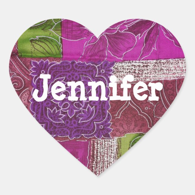 Personalised Heart Shaped Purple Quilt  Sticker (Front)