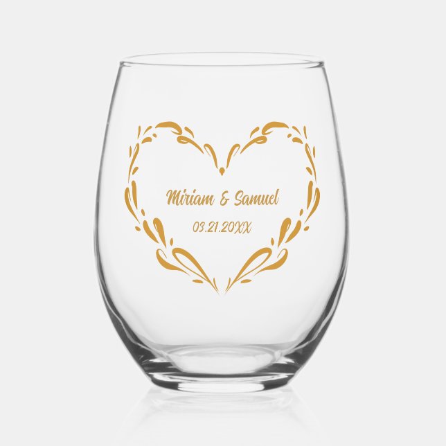 Personalised Heart Wedding Anniversary Keepsake Stemless Wine Glass (Front)