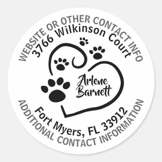Personalised Heart with Paw Prints & Contact Info Classic Round Sticker (Front)