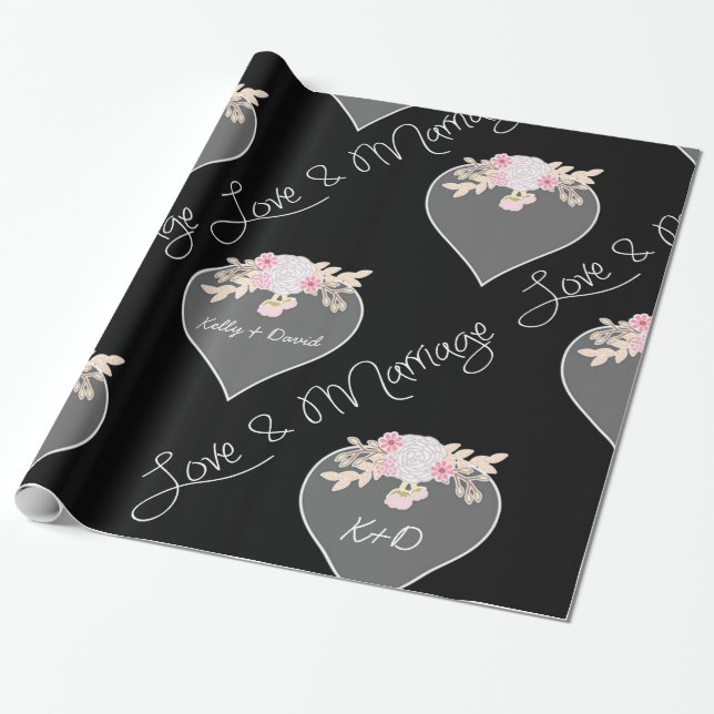 Personalised Hearts and Flowers Chalkboard Wedding Wrapping Paper (Unrolled)
