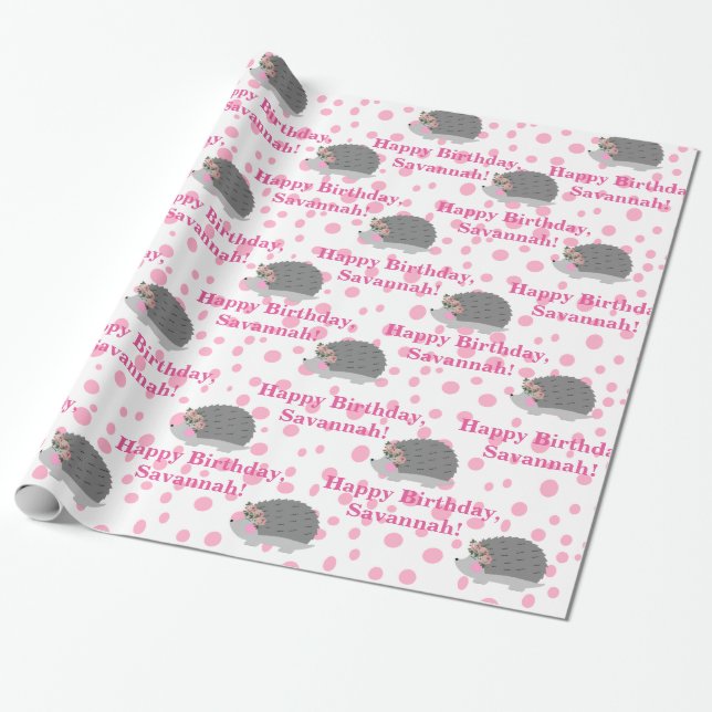Personalised Hedgehog Birthday Wrapping Paper (Unrolled)
