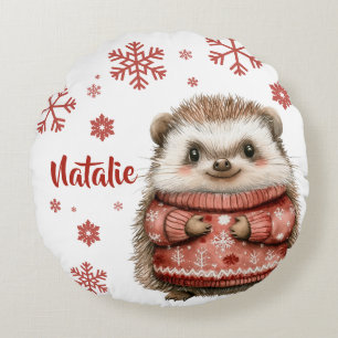 Personalised Hedgehog Christmas Snowflake Round Cushion