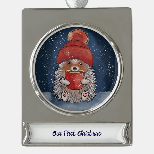 Personalised Hedgehog with Hot Drink Silver Plated Banner Ornament (Front)