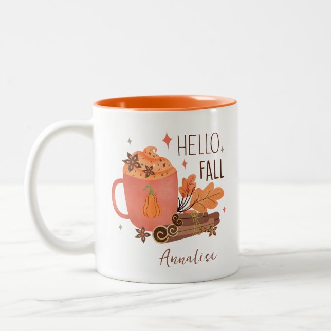 Personalised Hello Fall Two-Tone Coffee Mug (Left)