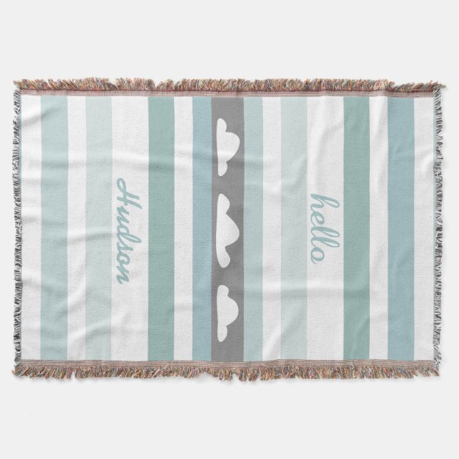 Personalised Hello Modern Aqua Striped Clouds Throw Blanket (Front)
