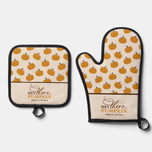Personalised Hey There Pumpkin Apron Oven Mitt & Pot Holder Set (Front)