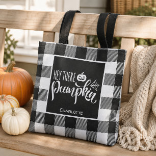 Personalised Hey There Pumpkin Black Buffalo Plaid Tote Bag