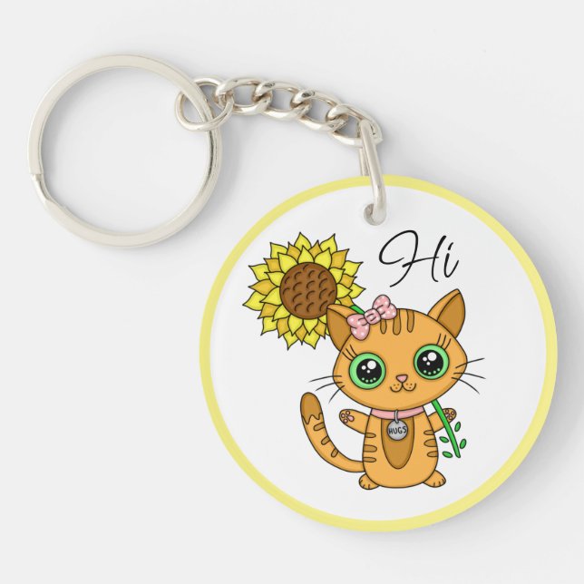 Personalised Hi and Hugs | Cute Cat with Sunflower Key Ring (Front)