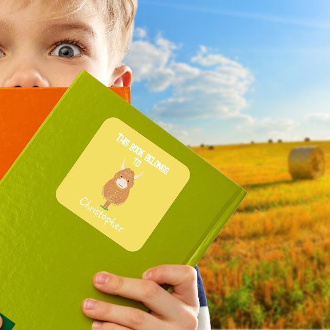 Personalised Highland Cow This book belongs to Square Sticker (Creator Uploaded)