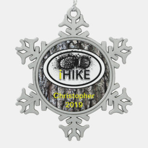 Personalised Hiking "iHIKE" Tree Bark Ornamet Snowflake Pewter Christmas Ornament