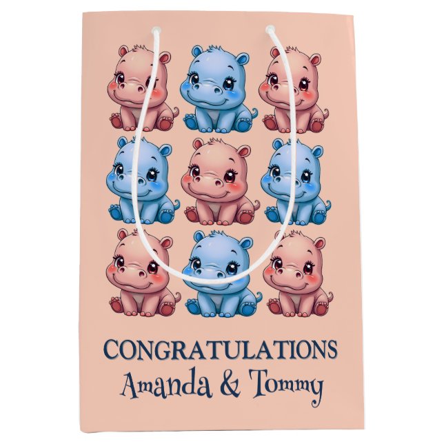 Personalised Hippo Baby Shower Pink Medium Gift Bag (Front)