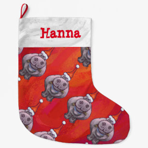Personalised Hippo in Santa Hat Pattern on Red Large Christmas Stocking