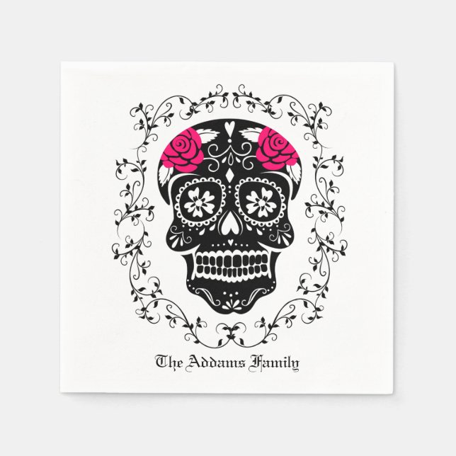 Personalised Hipster Black & Pink Sugar Skull Napkin (Front)