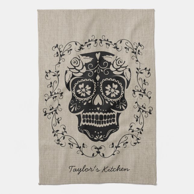 Personalised Hipster Sugar Skull Tea Towel (Vertical)