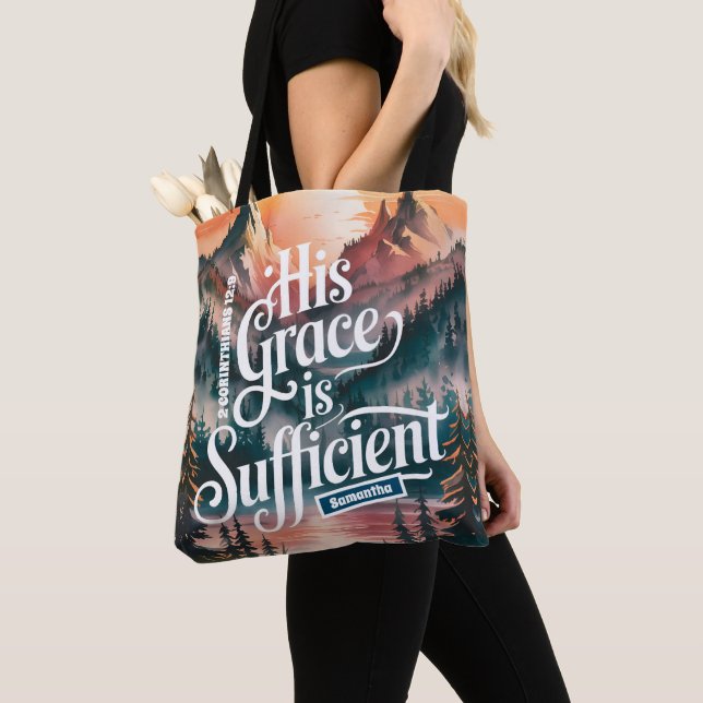 Personalised His Grace is Sufficient Christian Tote Bag (Close Up)