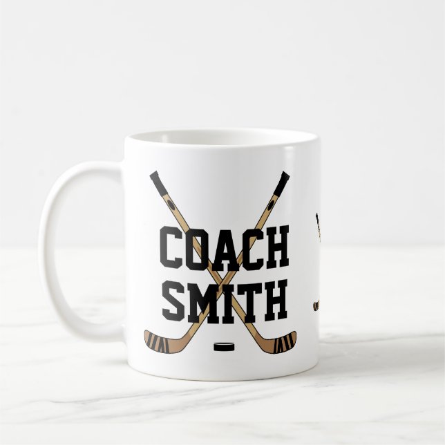 Personalised Hockey Coach Sticks and Puck Coffee Mug (Left)