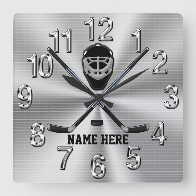 Personalised, Hockey Gift Ideas for Boys, Hockey Square Wall Clock (Front)