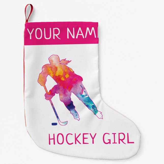 Personalised Hockey Girl Player Watercolor Pink Small Christmas Stocking (Front)