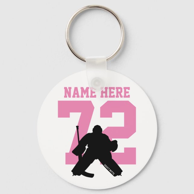 Personalised Hockey Goalie Name Number Pink Key Ring (Front)