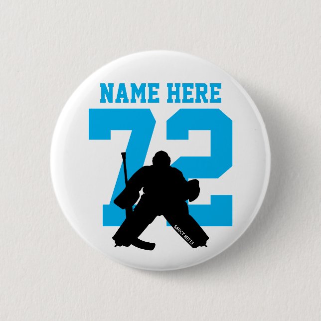 Personalised Hockey Goalie Name Number Turquoise 6 Cm Round Badge (Front)
