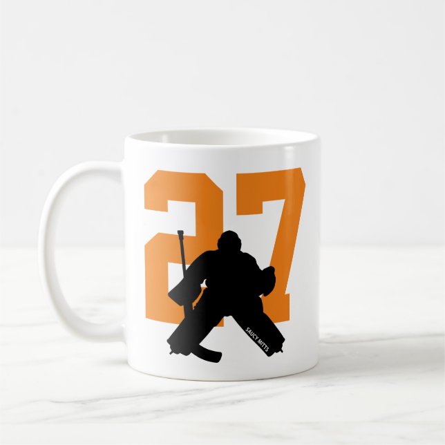 Personalised Hockey Goalie Player Number Orange Coffee Mug (Left)